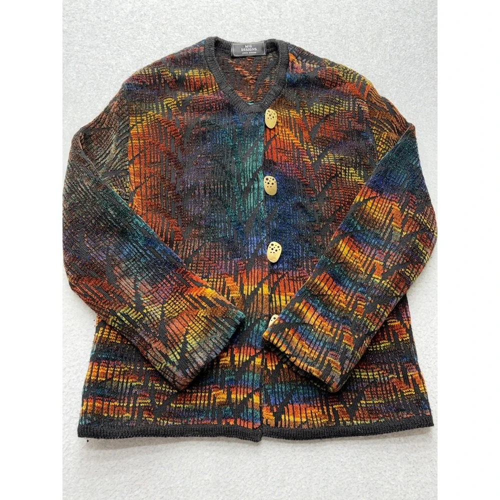 Vintage McG Designs Cardigan Sweater Womens M Multicolor Geometric Button Knit